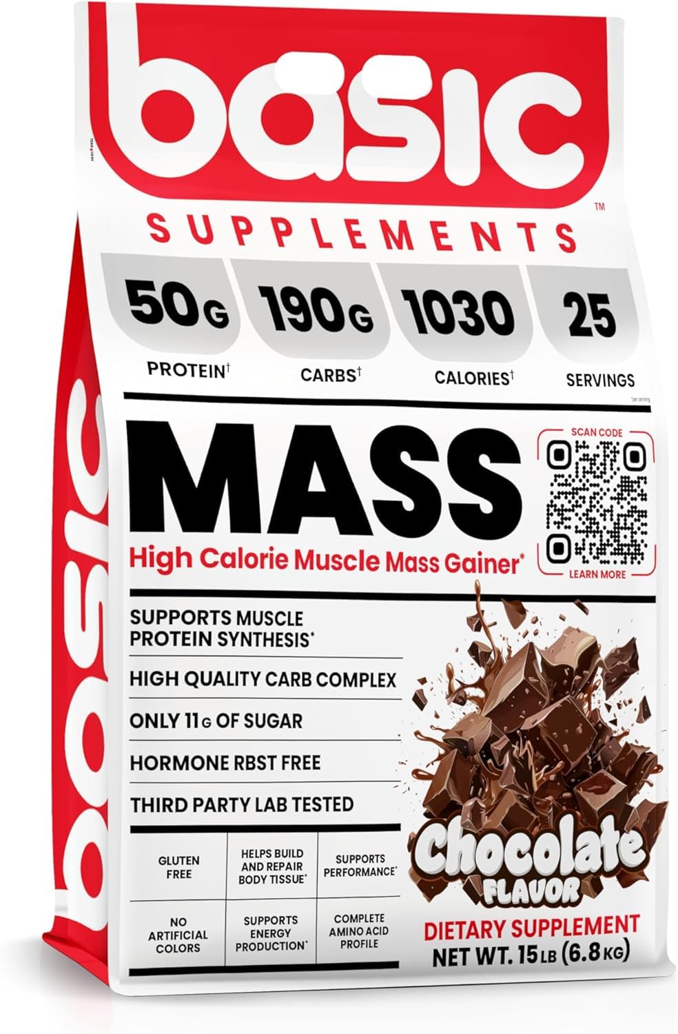 BASIC SUPPLEMENTS Mass Gainer tub front showing high-protein formula for muscle support