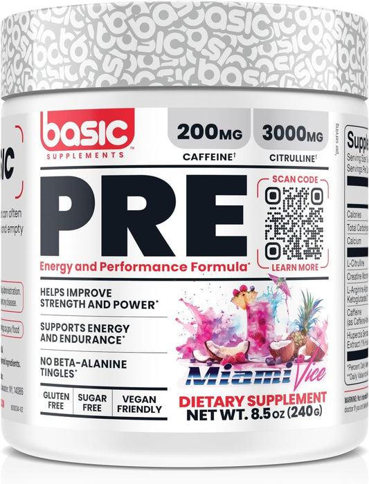 Basic Supplements pre-workout bottle front showing energy-boosting formula