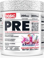 Basic Supplements pre-workout bottle front showing energy-boosting formula