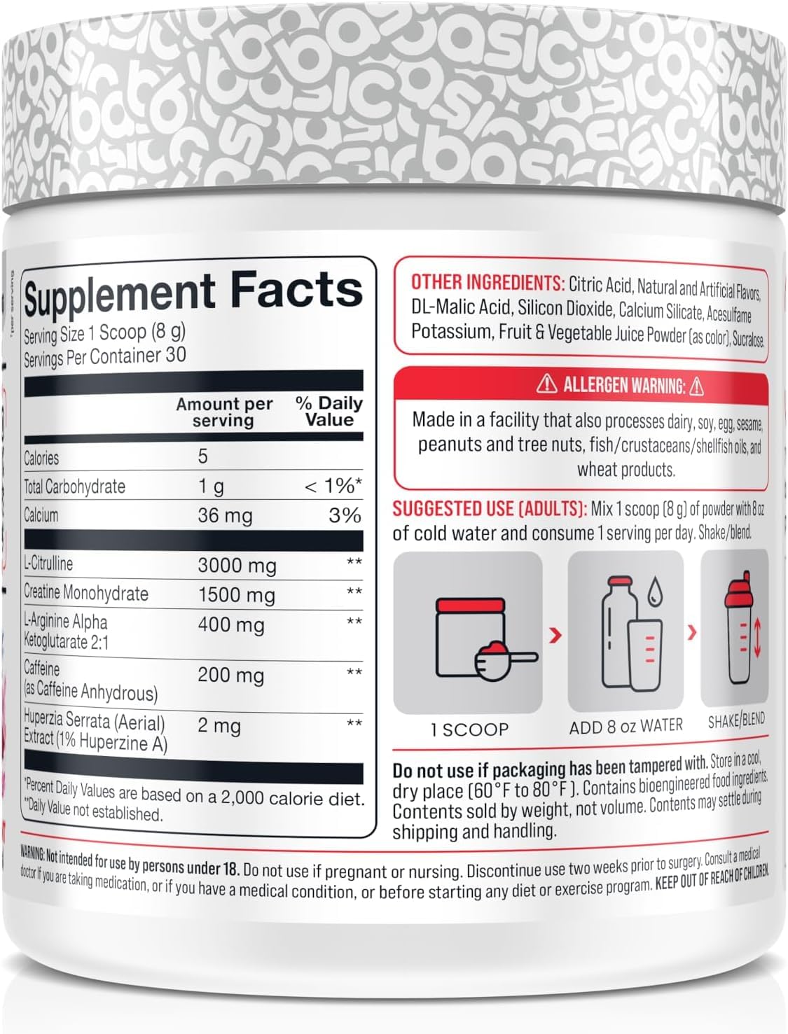 Basic Supplements pre-workout scoop with precise caffeine and citrulline dosing