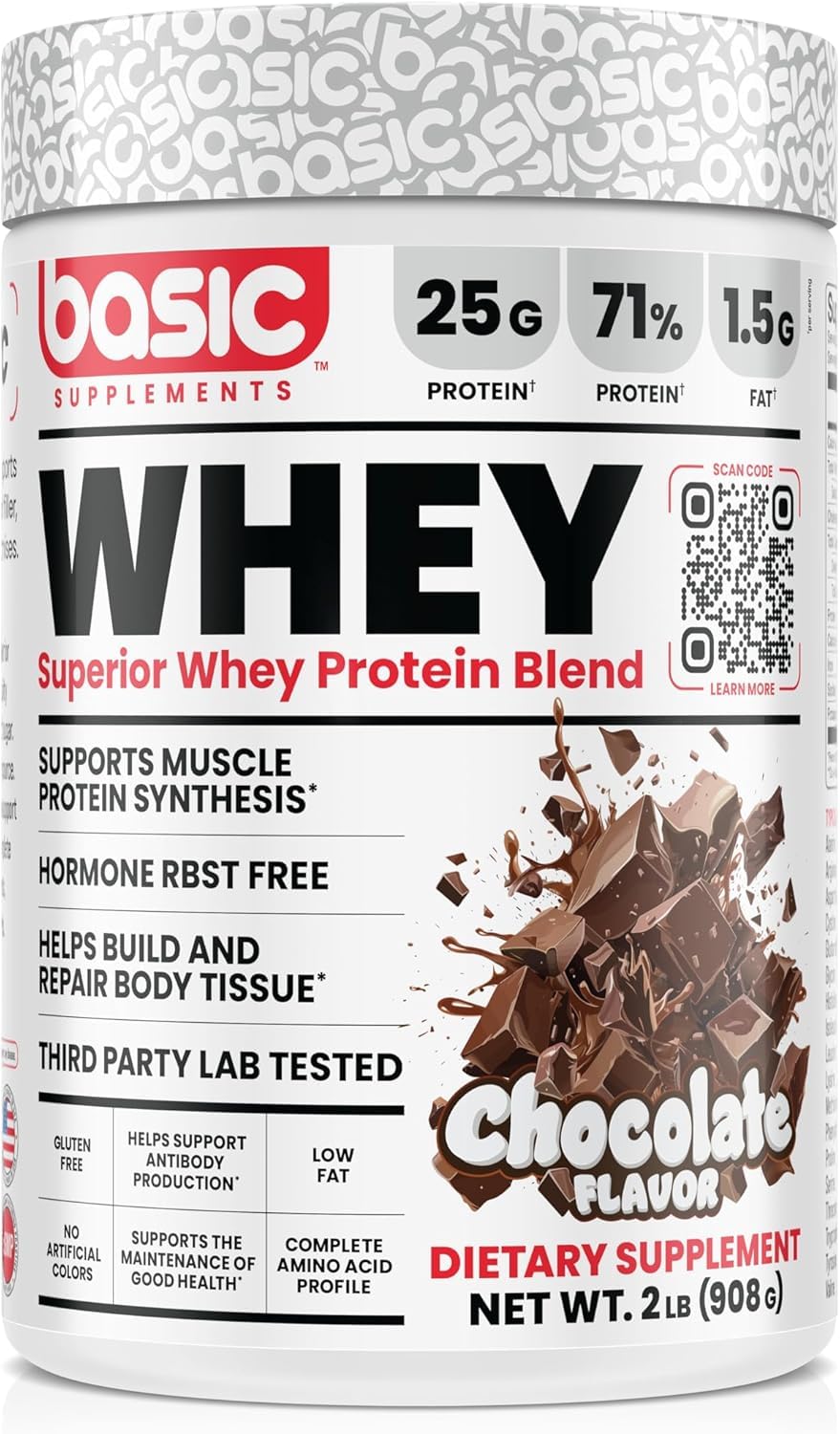 BASIC SUPPLEMENTS whey protein bottle highlights 25g protein per serving.