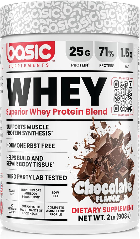 BASIC SUPPLEMENTS whey protein bottle highlights 25g protein per serving.