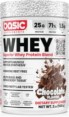 BASIC SUPPLEMENTS whey protein bottle highlights 25g protein per serving.