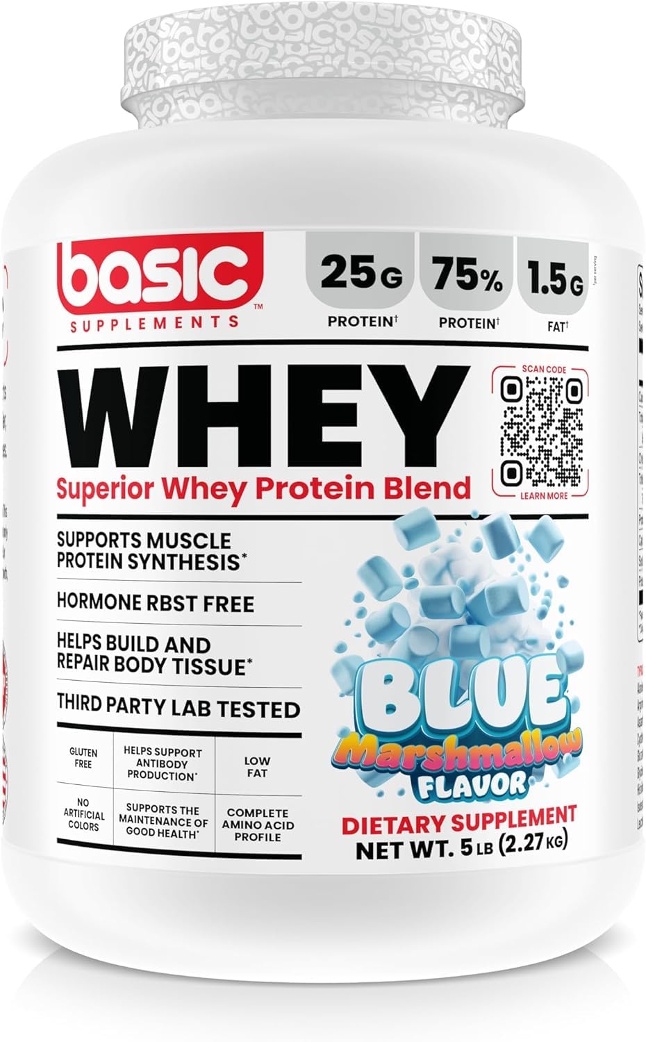 Basic Supplements whey protein powder bottle – 25g protein per serving supports muscle recovery.