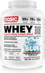 Basic Supplements whey protein powder bottle – 25g protein per serving supports muscle recovery.