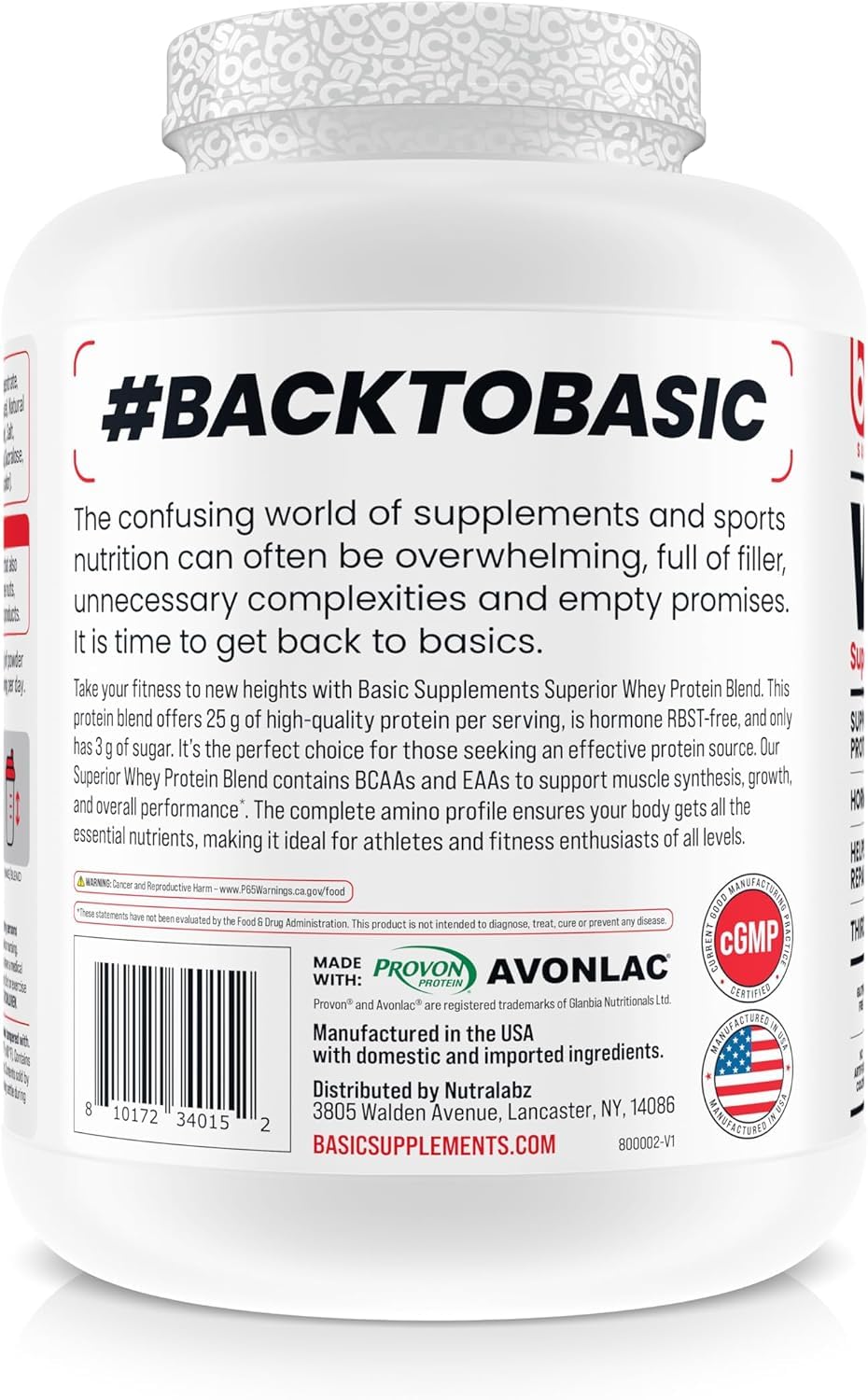 Basic Supplements whey protein powder ingredient panel – gluten-free and RBST-free formula.