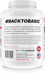 Basic Supplements whey protein powder ingredient panel – gluten-free and RBST-free formula.
