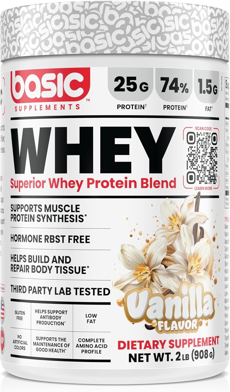 Basic Supplements Whey Protein Powder jar front showing label and 25g protein.