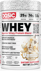 Basic Supplements Whey Protein Powder jar front showing label and 25g protein.