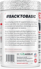 Basic Supplements Whey Protein Powder nutrition label close-up with amino acid profile.