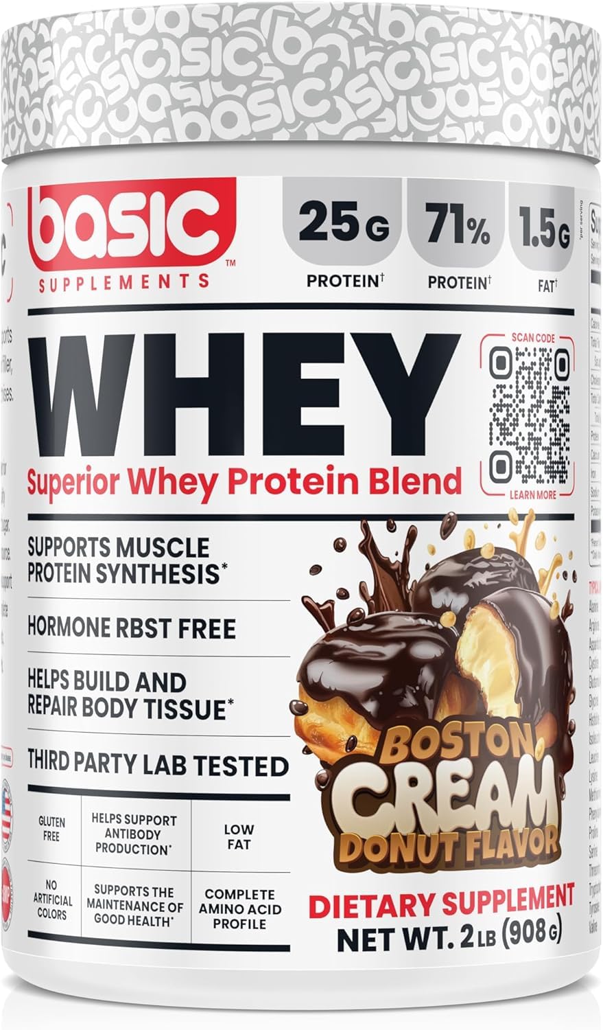 Basic Supplements Whey Protein Powder packaging highlighting high-quality protein for daily fueling