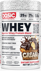Basic Supplements Whey Protein Powder packaging highlighting high-quality protein for daily fueling