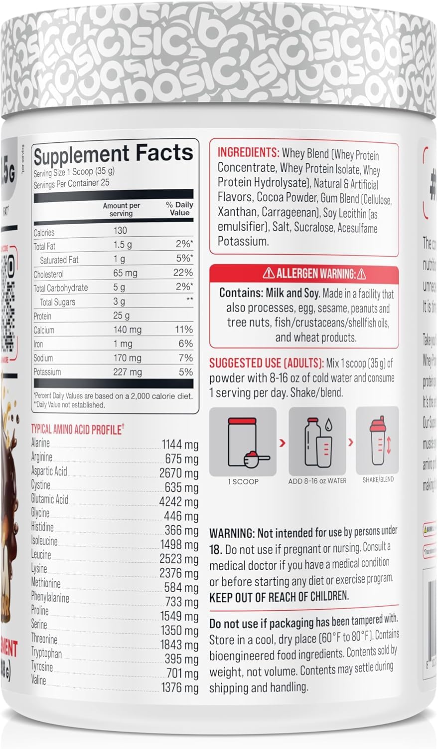 Basic Supplements Whey Protein Powder scoop showing precise serving measurement