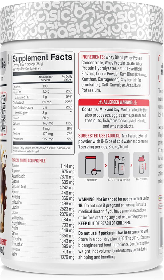 Basic Supplements Whey Protein Powder scoop showing precise serving measurement