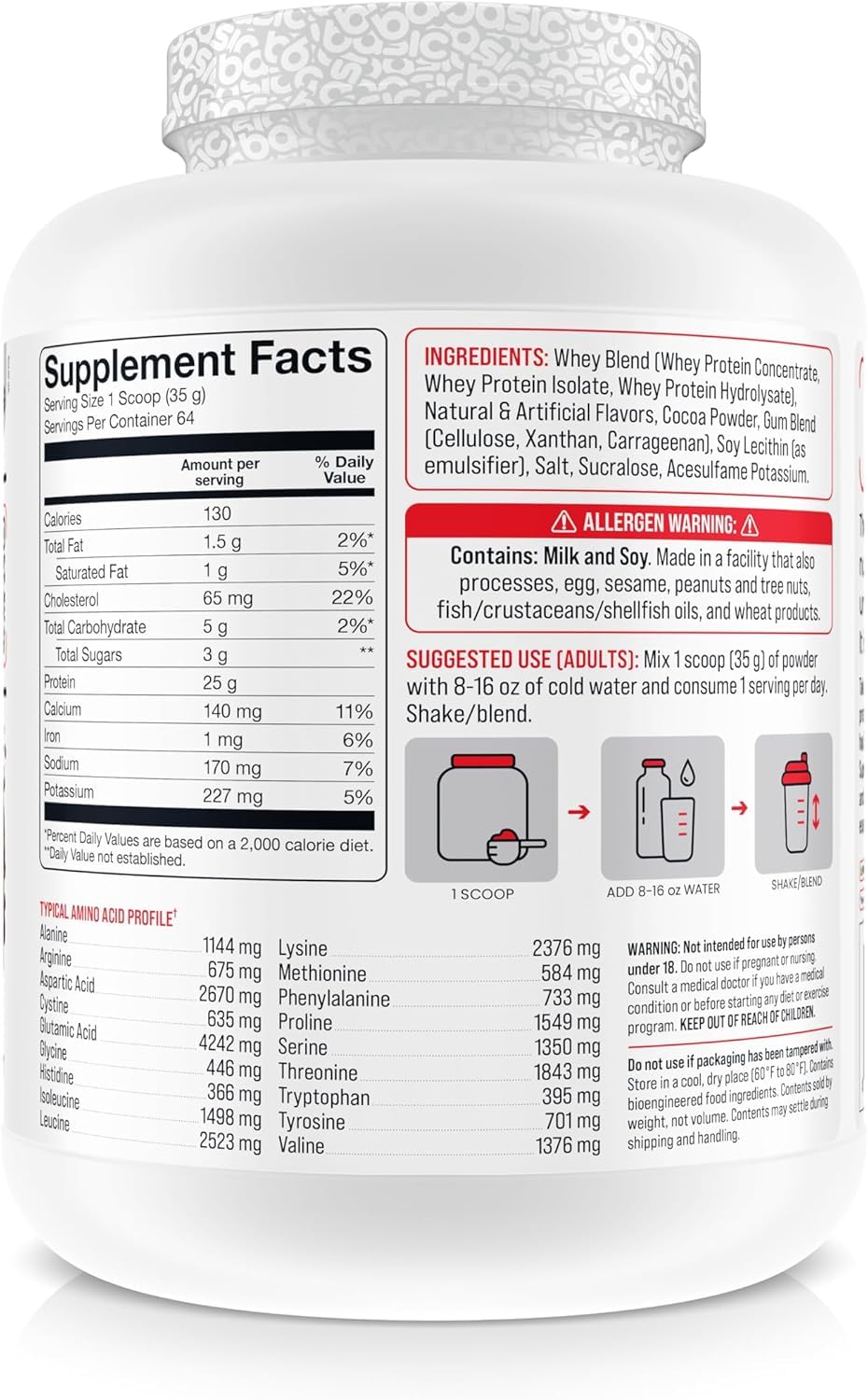 Basic Supplements scoop beside tub for easy post-workout shake.