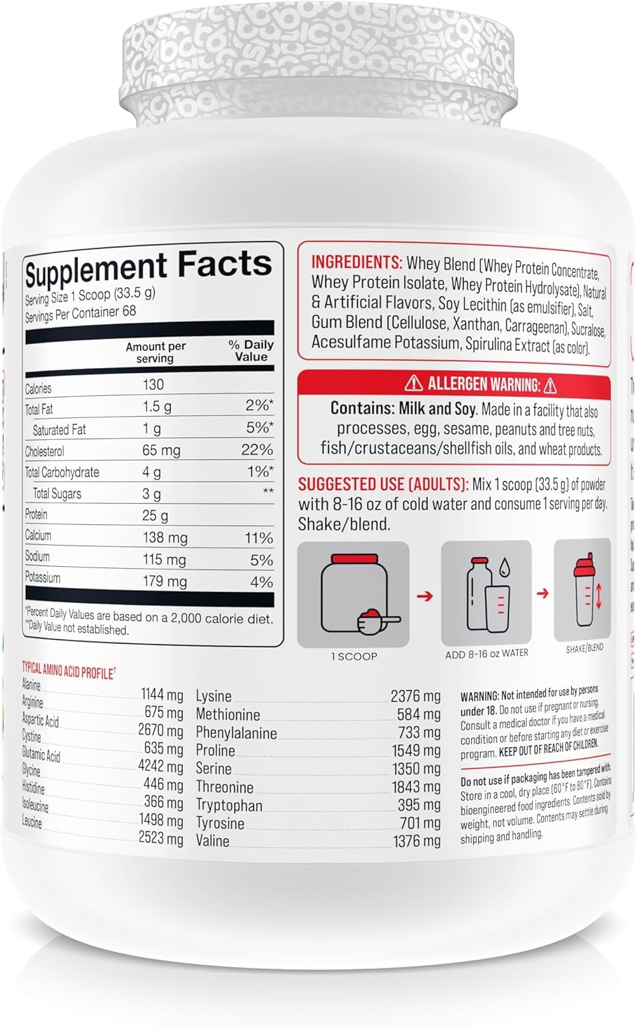 Basic Supplements whey protein powder scoop – smooth solubility for easy shakes anytime.