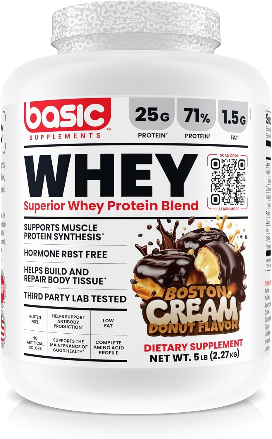Basic Supplements Whey Protein Powder tub front highlighting 25g protein per serving for muscle support.