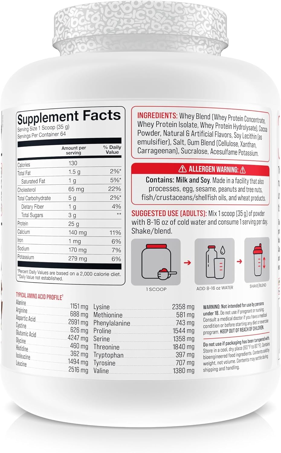 BASIC SUPPLEMENTS whey protein scoop demonstrates precise serving measurements.
