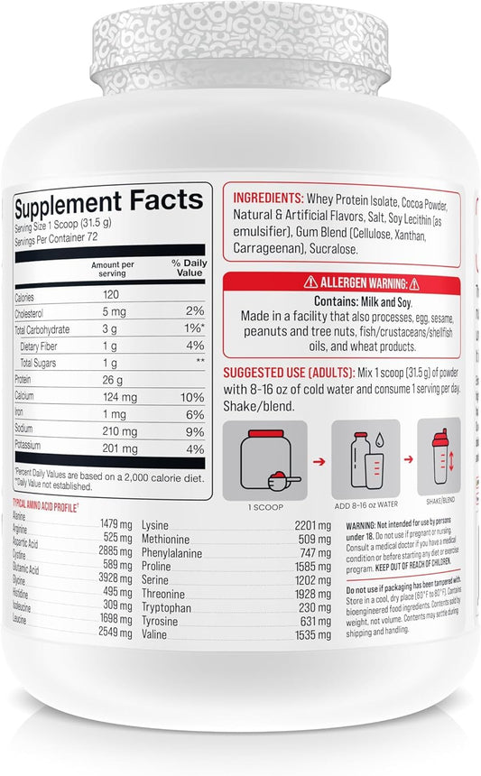 Scoop of Basic Supplements whey protein isolate highlighting 26g protein per serving for workouts.