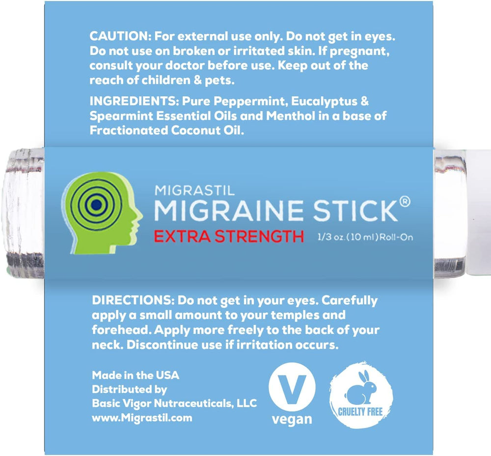 Basic Vigor Migrastil Stick applied to neck for cooling migraine relief.
