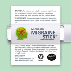 Made in USA label on Migrastil Migraine Stick packaging.