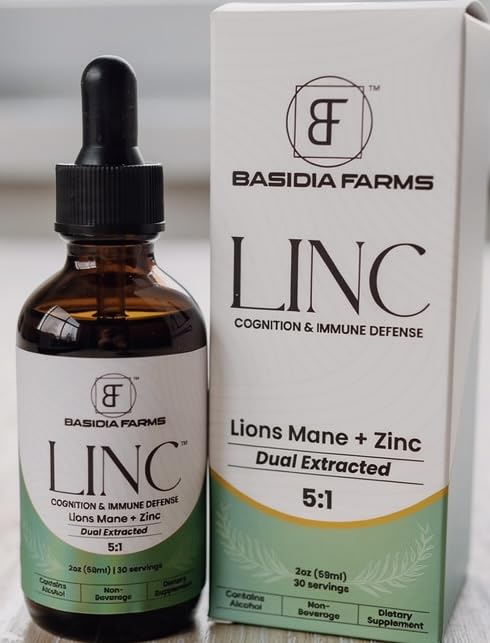 Basidia Farms LINC bottle front for daily cognitive support.