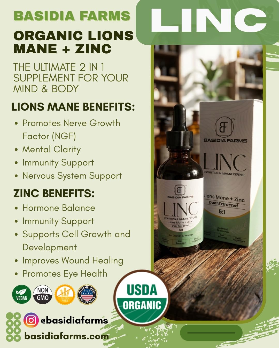 Basidia Farms LINC bottle side view highlighting dual-extract formula.