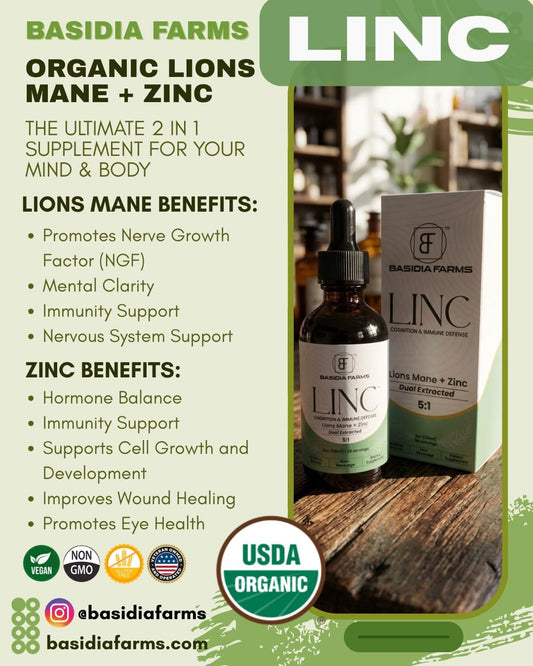 Basidia Farms LINC bottle side view highlighting dual-extract formula.