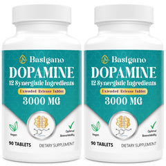 Basigano dopamine supplement bottle front with gluten-free vegan formula