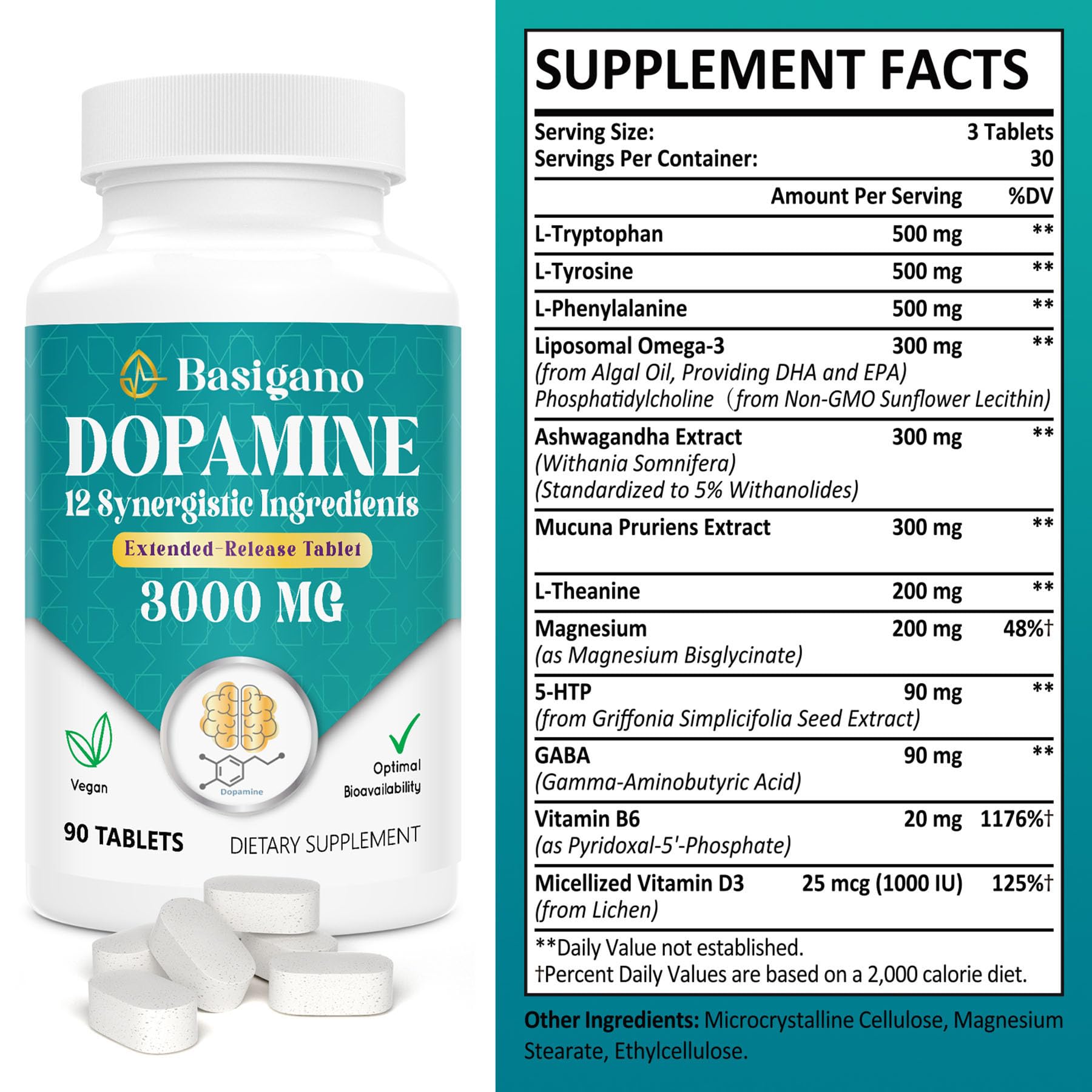 Basigano dopamine supplement capsules close-up for daily vegan use