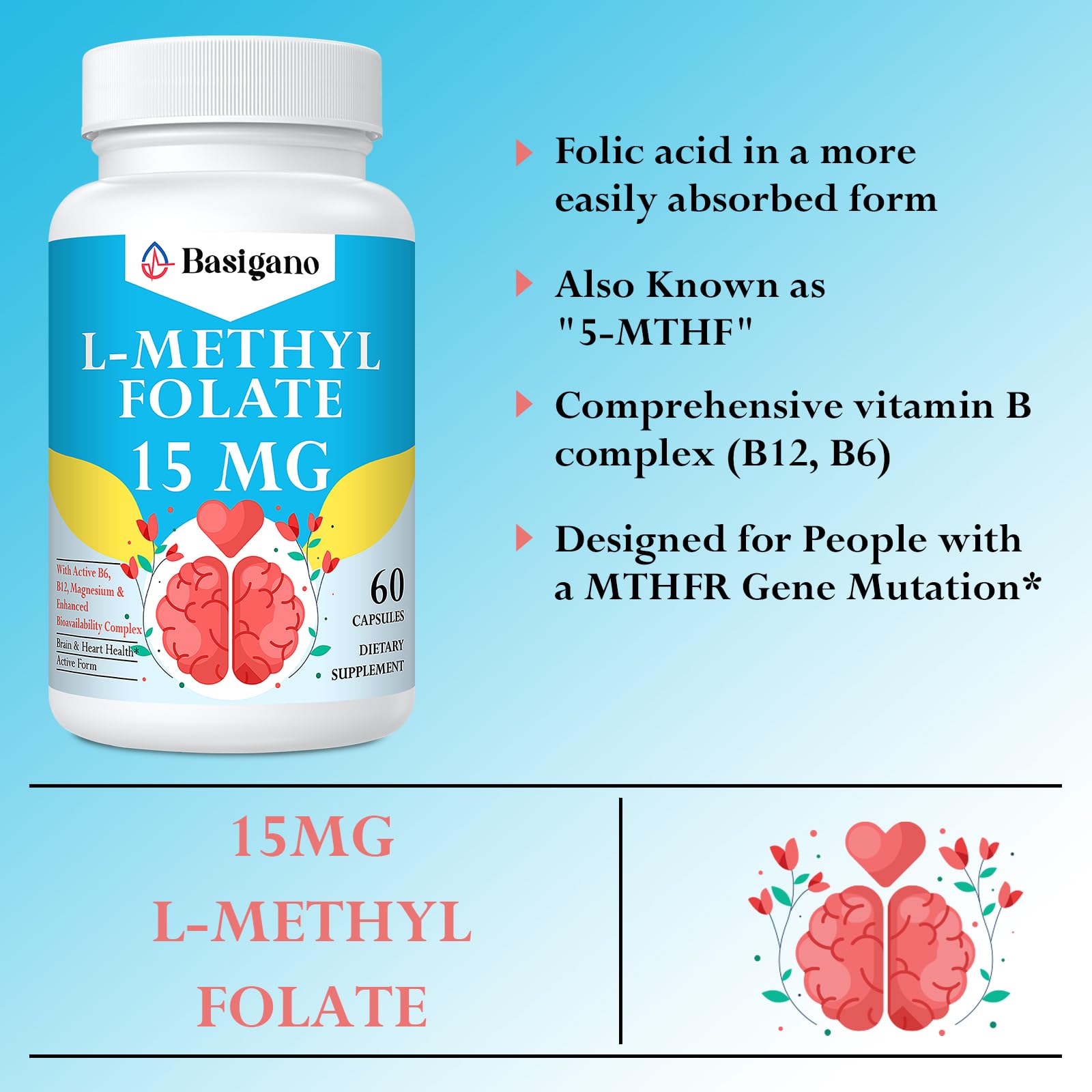 Basigano ingredients label highlights B6 and B12 for balanced support.