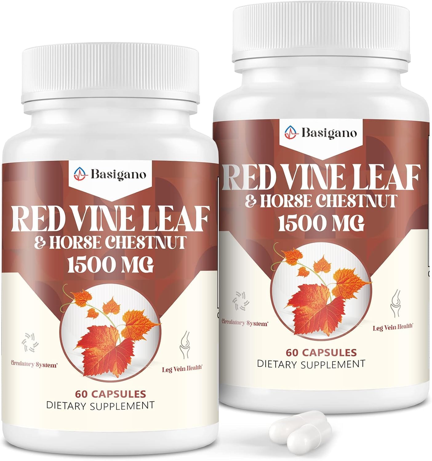 Basigano red vine leaf bottle illustrating vegan capsule supplement for circulation support.