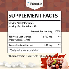 Basigano red vine leaf capsules closeup highlighting plant-based formula for everyday wellness.