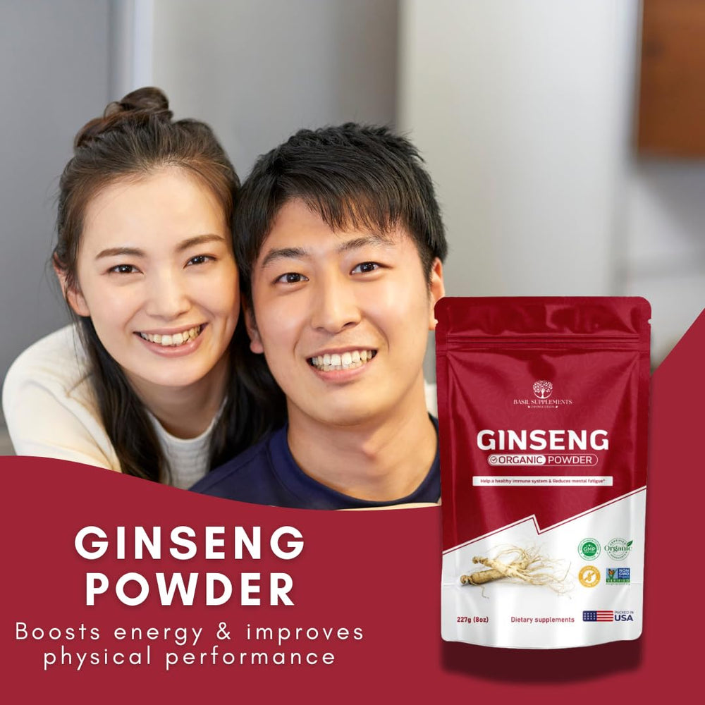 Basil Supplements label shows certified organic Panax ginseng root powder.