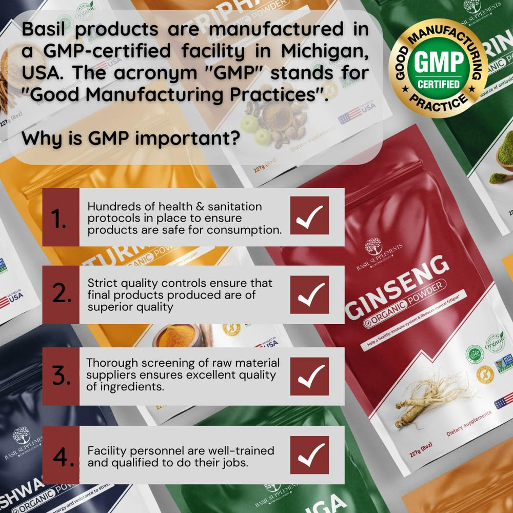 Basil Supplements certification badge signals transparency and organic sourcing.