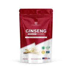 Basil Supplements Organic Ginseng Powder jar displaying pure Panax ginseng for daily vitality.
