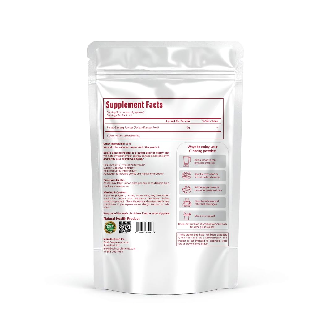 Basil Supplements scoop pouring organic ginseng powder into a smoothie for energy.