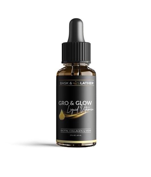 BASK & LATHER Gro & Glow bottle ready for daily beauty support.