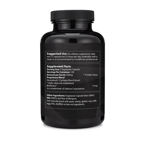 BASKI Honeybush Extract label close-up showing phenolic compounds