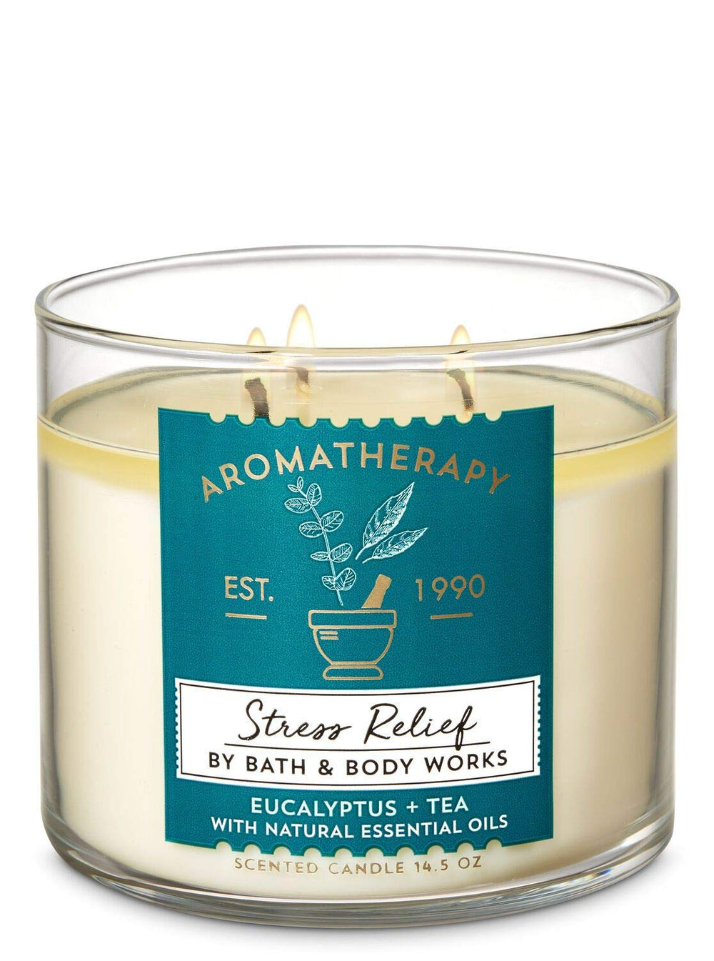 Bath & Body Works Aromatherapy Stress Relief Eucalyptus Tea candle label highlighting calming aroma.