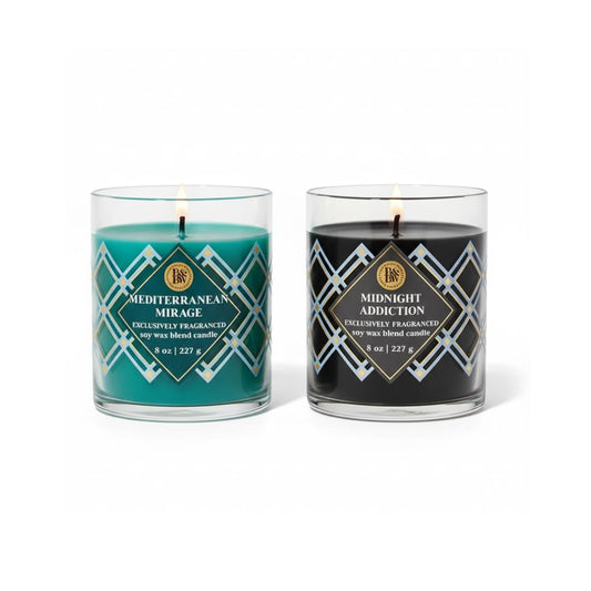 Bath & Body Works Midnight Addiction candle 8oz with warm glow and inviting aroma.