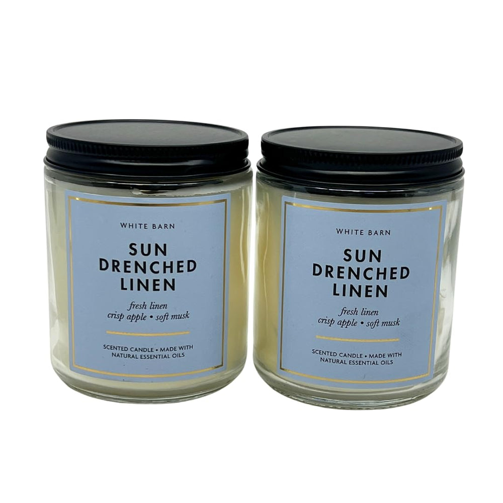 Bath and Body Works Sun Drenched Linen 1-Wick Candle label closeup highlights fresh scent.