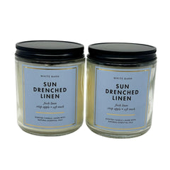 Bath and Body Works Sun Drenched Linen 1-Wick Candle label closeup highlights fresh scent.