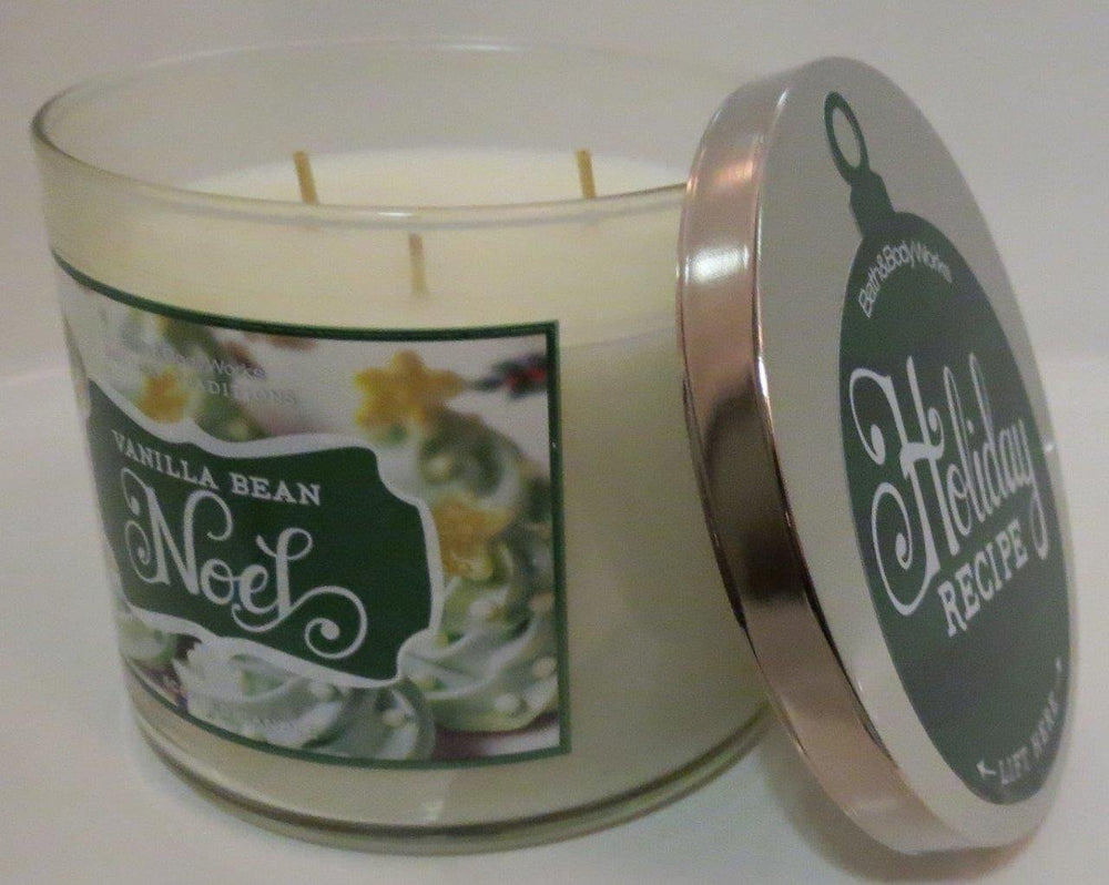 Bath and Body Works Vanilla Bean Noel 3-wick candle creates warm, festive ambiance.