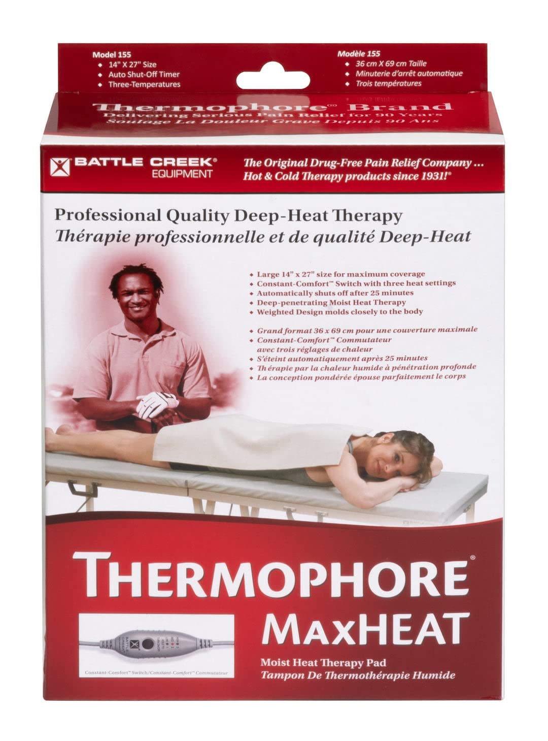 Battle Creek Thermophore MaxHEAT Plus 14x14 pad positioned on the shoulder for targeted moist heat relief.