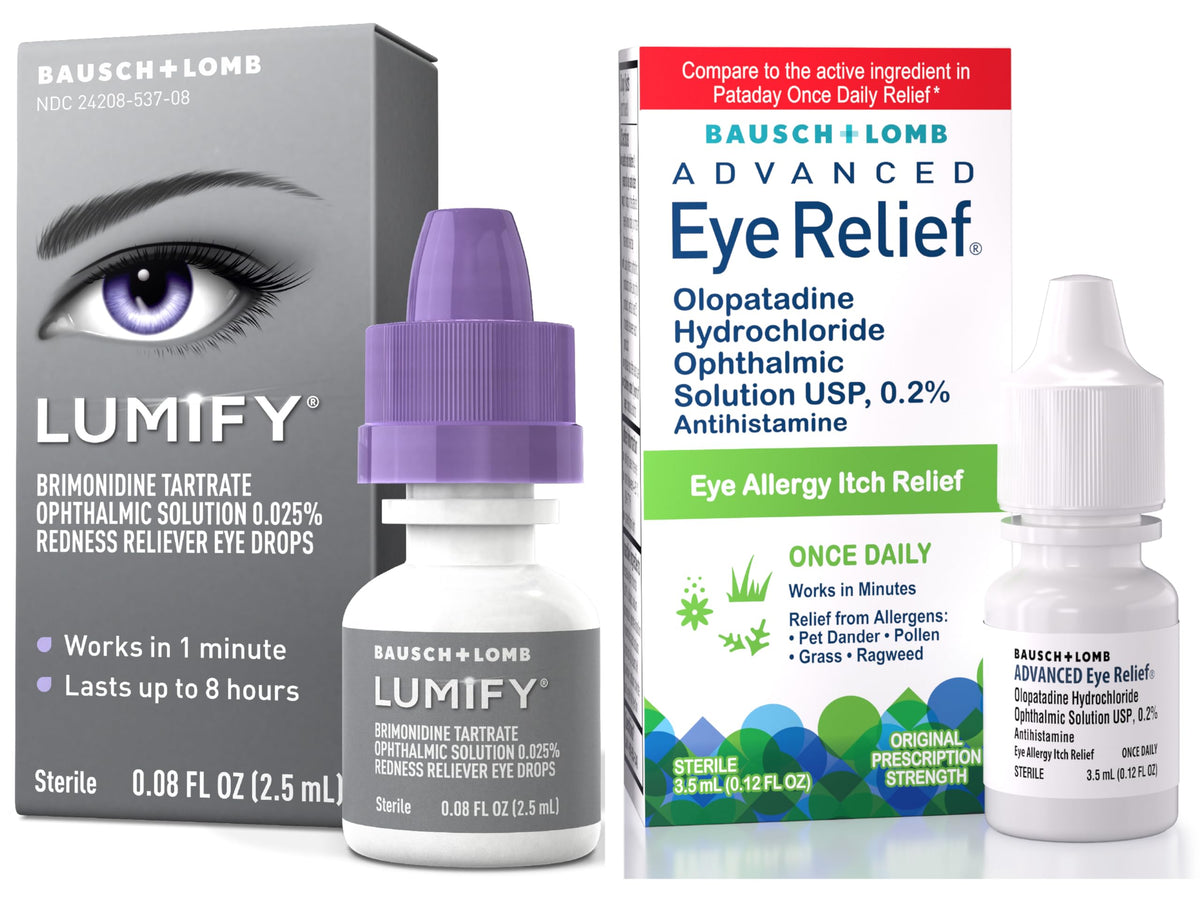 Bausch + Lomb Lumify eye drops bottle for quick redness relief.