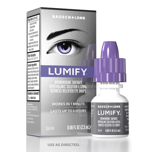 Bausch & Lomb LUMIFY dropper close-up showing fast redness relief.