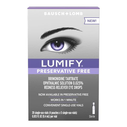Lumify single-use vial close-up emphasizing hygienic packaging for travel eye care.