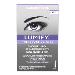 Lumify single-use vial close-up emphasizing hygienic packaging for travel eye care.