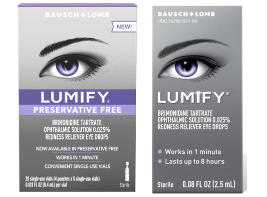 Bausch + Lomb Lumify travel bottle shown for on-the-go redness relief.